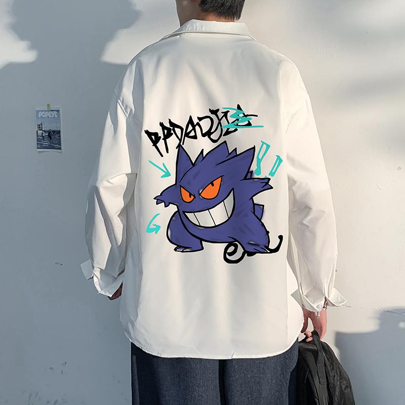 

Men's Casual Shirts 2021 Latest Autumn Xingeng Ghost Cartoon 2D Animation Long Sleeve Combed Harajuku Shirt, White;black