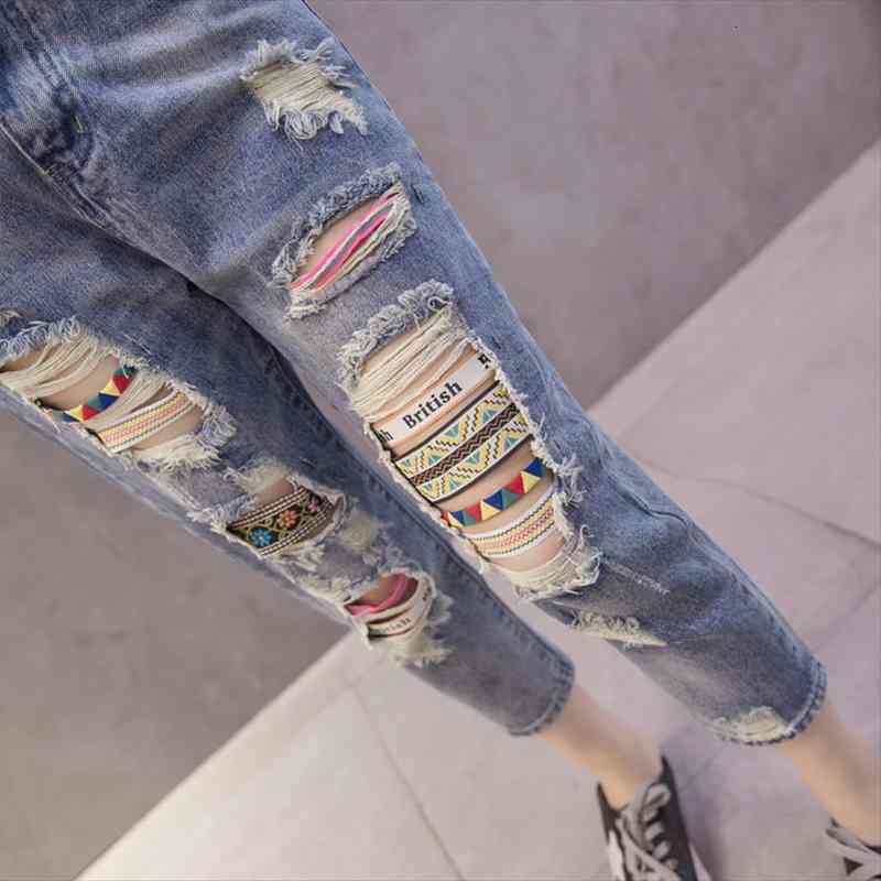 

summer women denim pants fashion trend hole stretched jeans high waist female vintage ankle-length pants plus size jeans y326, Blue