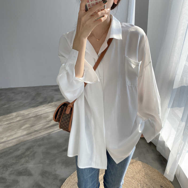 

Autumn Design Solid Full Top Retro Loose Turn Down Collar Shirts 210615, White