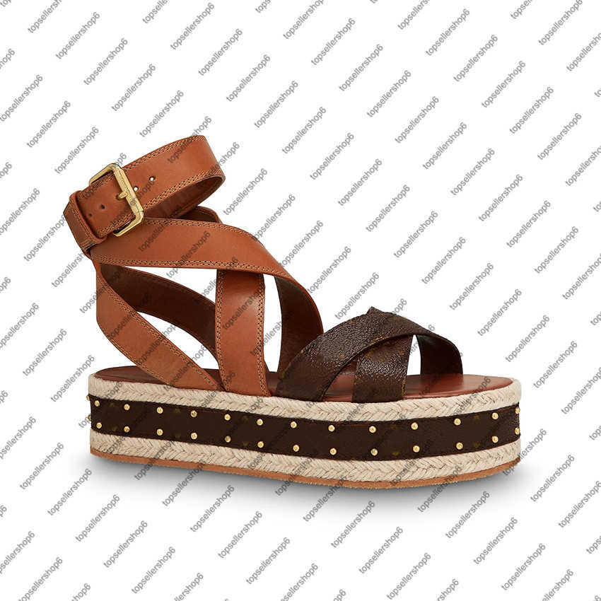 

BOUNDARY FLATFORM SANDAL Women studs flat canvas espadrilles 5cm calfskin ankle strap high heel sandal engraved buckle shoes, Brown 1a64gz letter flower print