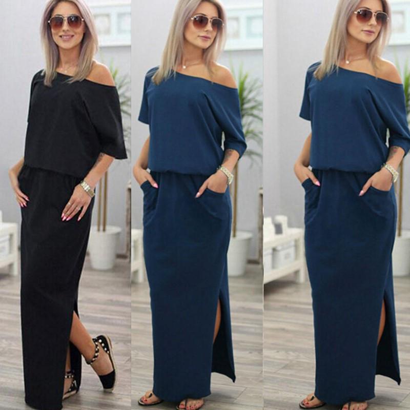 

Casual Dresses 2021 Women Boho Maxi Dress Sexy Summer Short Sleeve Side Slit Loose Evening Party Long Beach With Pocket Vestidos, Black