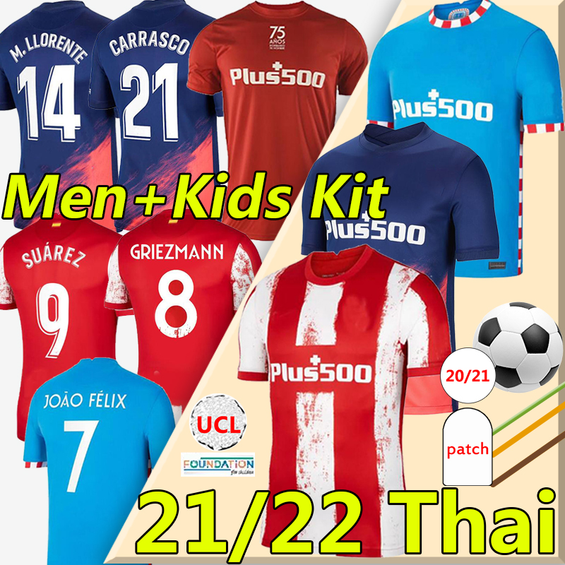 

21/22 Atletico Soccer Jerseys de Madrid GRIEZMANN JOÃO FÉLIX 2021 2022 Suarez CORREA KOKE Dembélé Carrasco M.LLORENTE LEMAR DEMBELE Men Kids Kits football shirts, 21-22 home kids