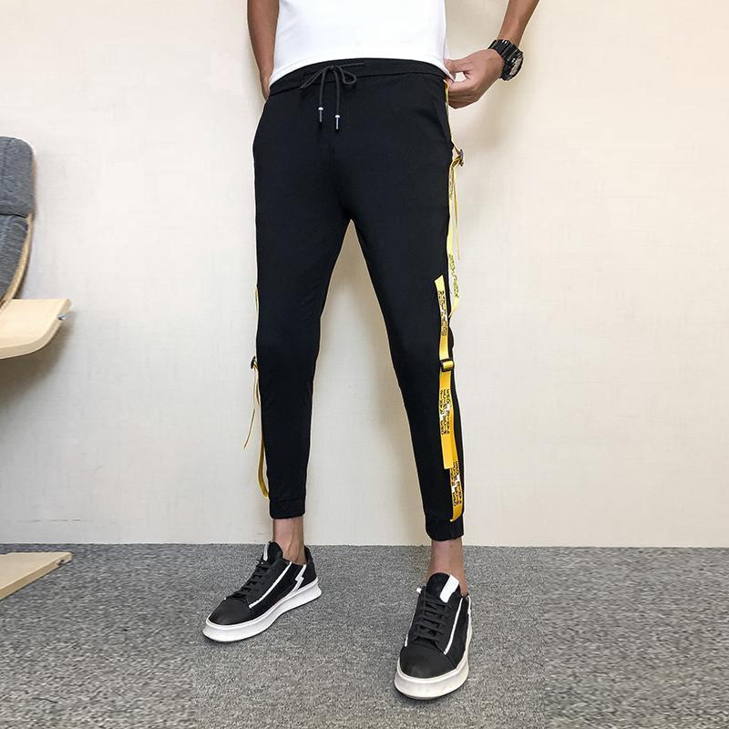 

Summer Men Pants Fashion 2021 Slim Fit Casual Streetwear Side Ribbon Design Trousers Comfortable Thin Joggers 341, White