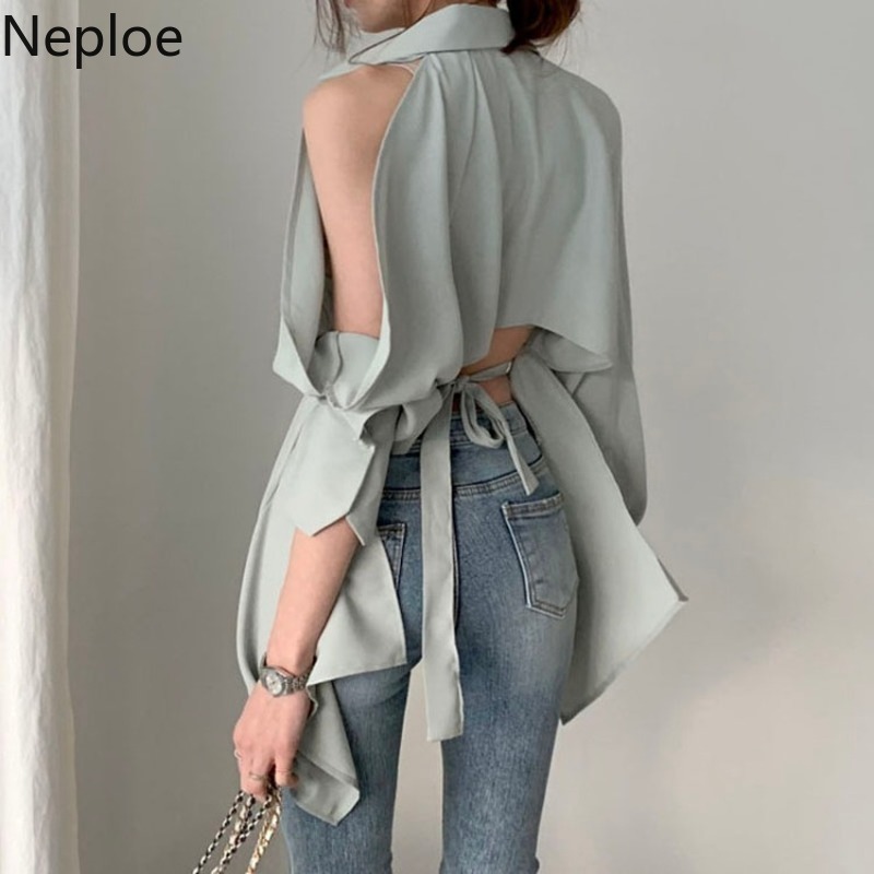 Neploe Women Blouse New Lady Hollow Out Turn Down Collar Fashion Shirts Blusa Off Shoulder Spring Summer Solid Tops 1A822 210225Z