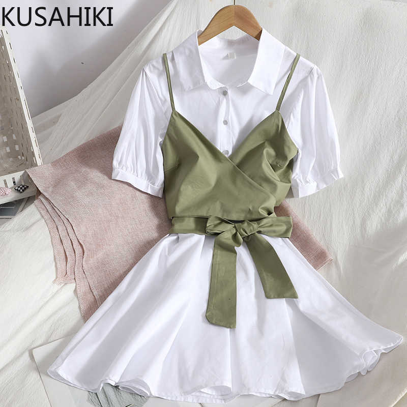 

KUSAHIKI Summer Puff Short Sleeve Blouse Dress Single Breasted Turn-down Collar Dresses + Cross Bandage Bowknot Vest Sets 6H245 210602, Green