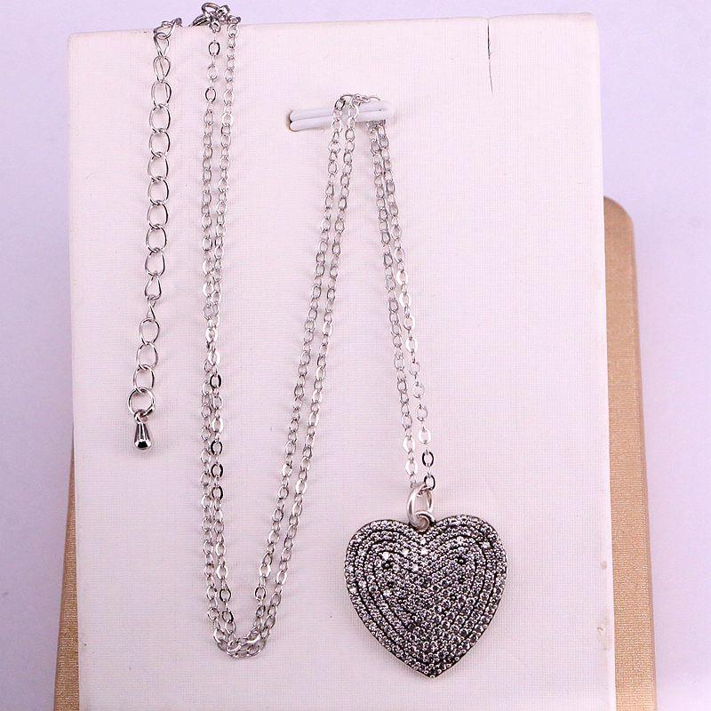 

Pendant Necklaces 6PCS, Antique Silver Color Pave Clear CZ Crystal Heart Charm Pendants Metal Chain Fashion Necklace