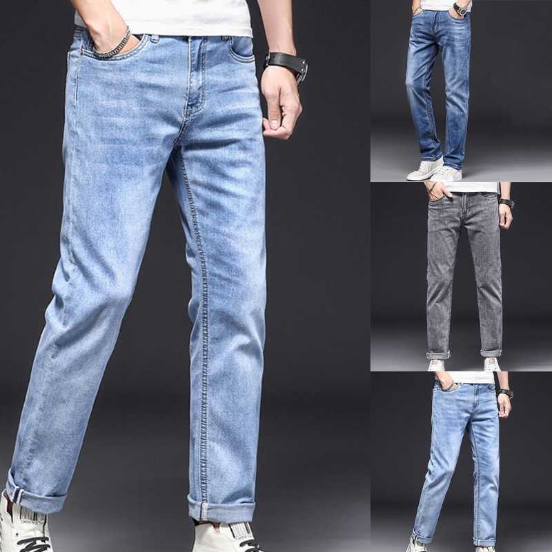 

Mens Summer Fashion Thin Casual Jeans Vintage Washed Relaxed Fit Stylish Denim Pants Classic 5-Pocket Straight Leg Long Trouser X0621, Gy