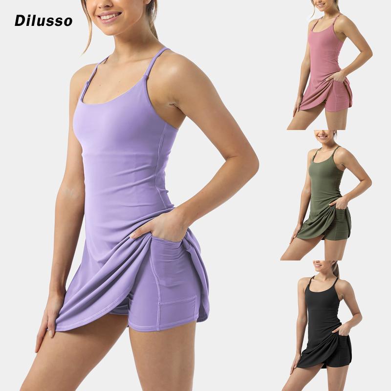 

Women's Tracksuits Fashion Womens Sleeveless Quick Dry Solid Colors Pockets Sling One Piece Athletic Tennis Golf Dress With Built-in Shorts#, Black