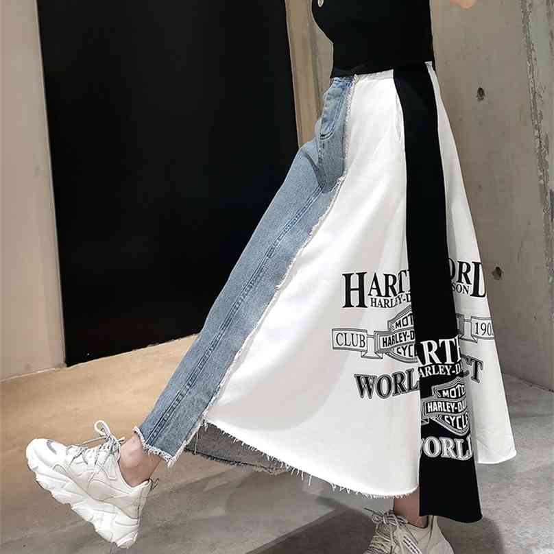 

European station letter printing spell denim skirt women loose A type mid-length female temperament casual irregular 210629, Photo color