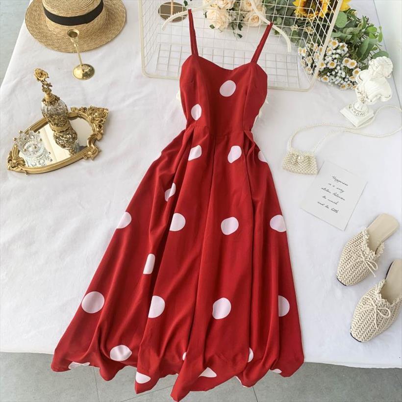 

elegant dot print summer womens dress v neck spaghetti strap korean fashion chic slim a line midi sundress vestidos, Black;gray