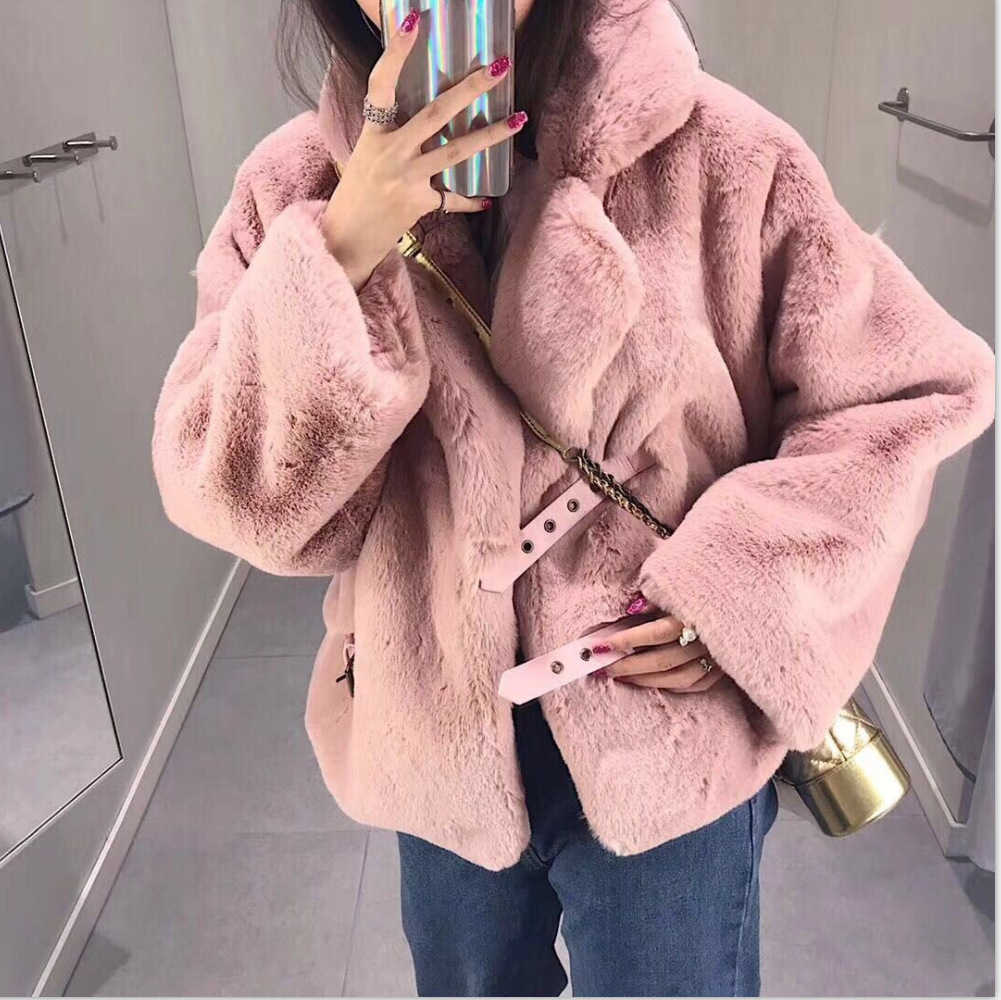 

Winter Fur Jacket Korean Women's Coat Imitation Rex Rabbit Long Sleeve Loose Fashion Female Plus Size 210607, Black