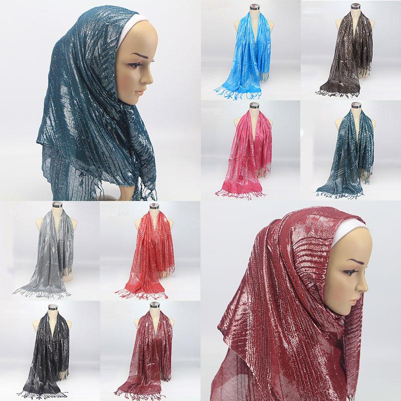

Scarves 1Pcs Retro Ethnic Muslim Women Scarf Polyester Gold Silk Bright Color Tassel Shawls Hijab Foulard Headwear