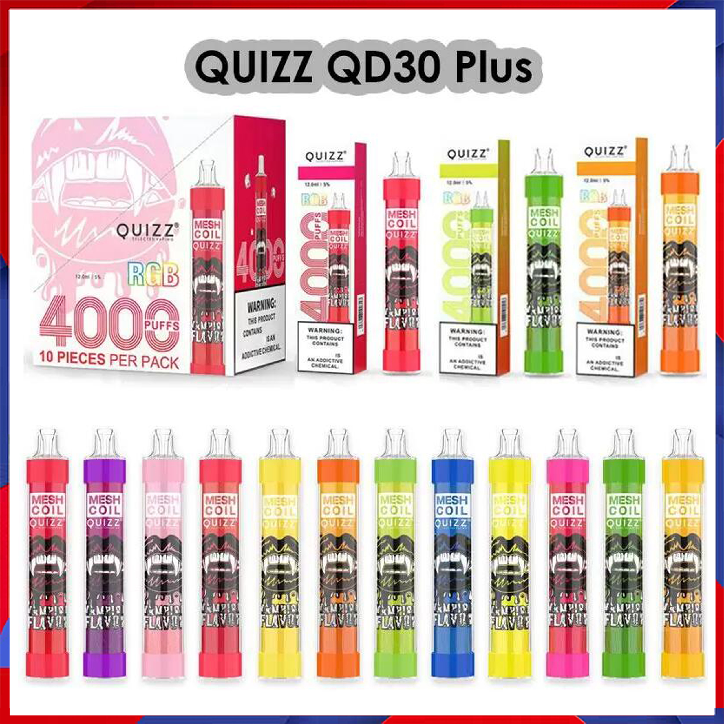 

100% Original Vapmod QUIZZ QD30 Plus Disposable E Cigarettes 4000 Puffs Mesh Coil Vape Pen 1.0 ohm Big Vapor 12ml Pod 650mAh Rechargeable Battery 12 Colors