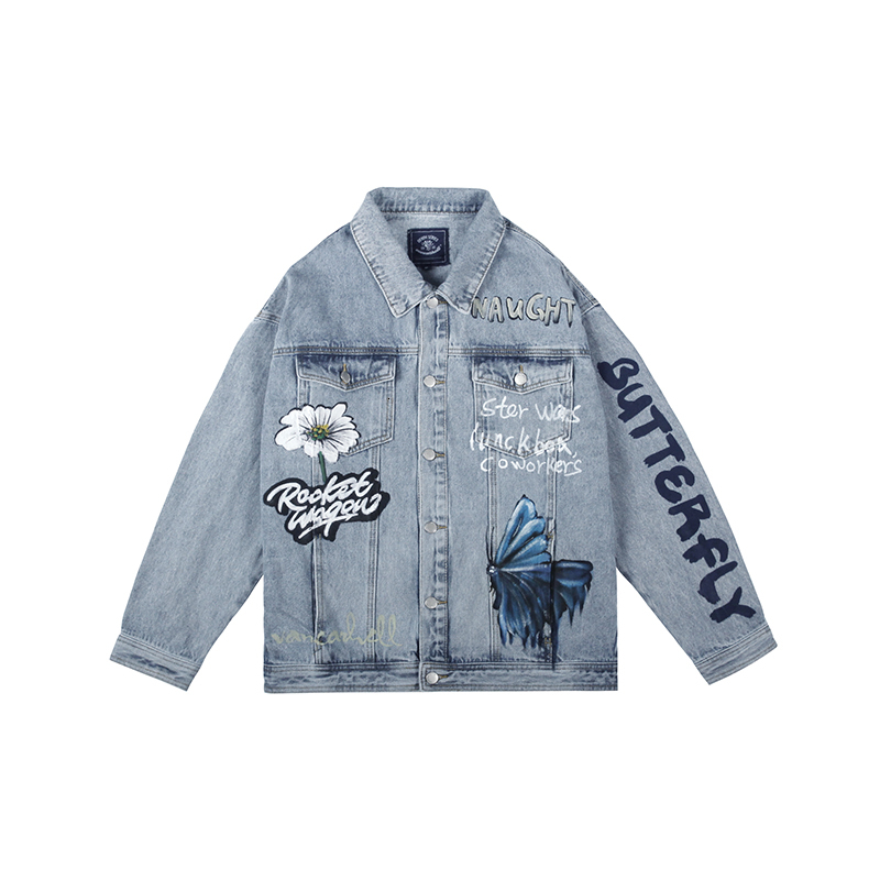 

2021 New Original Graffiti Letter Painted Streetwear Jeans for Men and Women Autumn Windbreaker Denim Hip Hop Oversize Casual Coat 38mh, Black