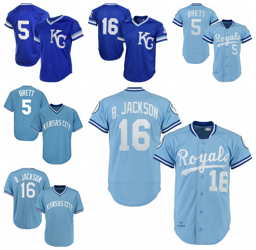 

Vintage 16 Bo Jackson 5 George Brett Baseball Jerseys 1986 1987 Blue White Mesh Pullover Button Home Away All Stitched and Embroidery