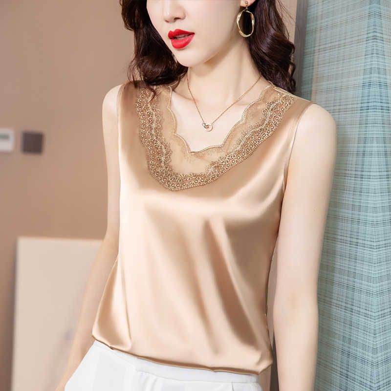 

Korean Women Shirt Chiffon Blouses for Sleeveless Tops Woman Apricot Lace Pullover Blouse Plus Size 210604, Champagne
