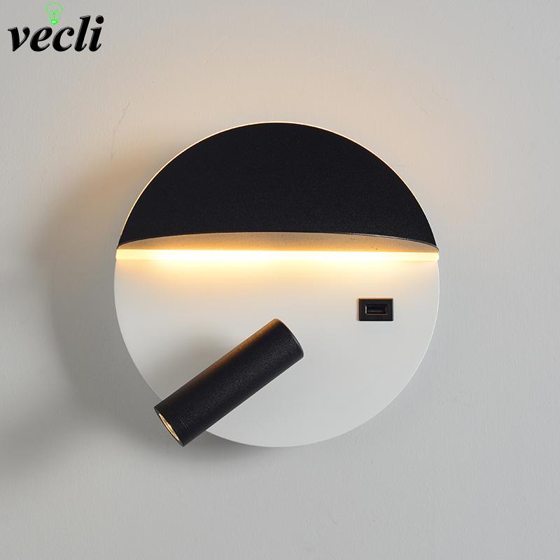 

LED Wall Lights With Switch And USB Interface Fashion White Black Lamp Fixture Bedside Corridor Aisle Lighting Art Luminaire