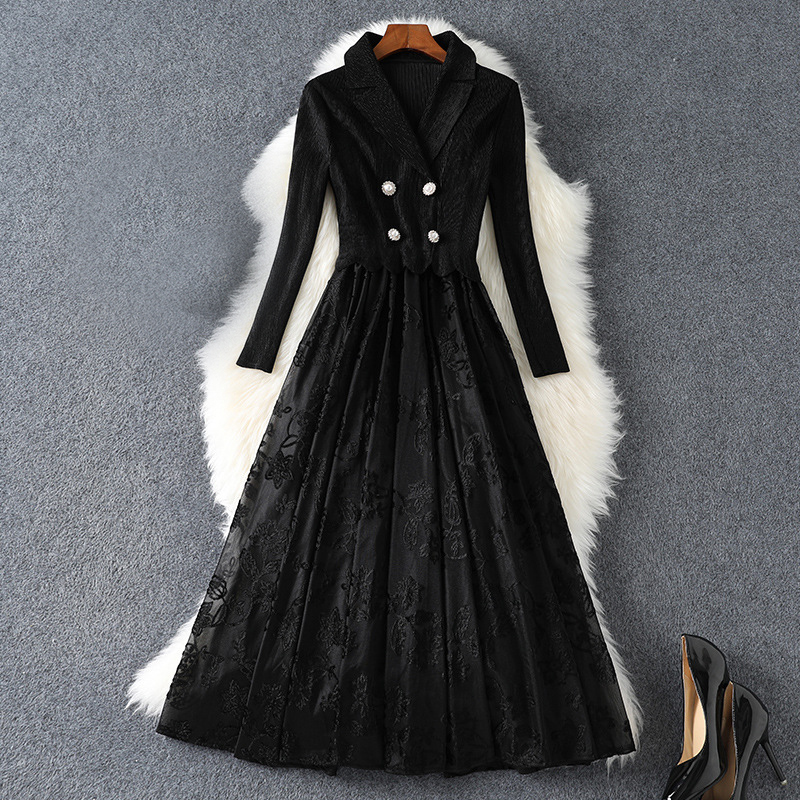 

2021 Fall Autumn Long Sleeve Notched-Lapel Black Pure Color Stretch Floral Tulle Panelled Double-Breasted Long Dress Elegant Casual Dresses 21G318B415