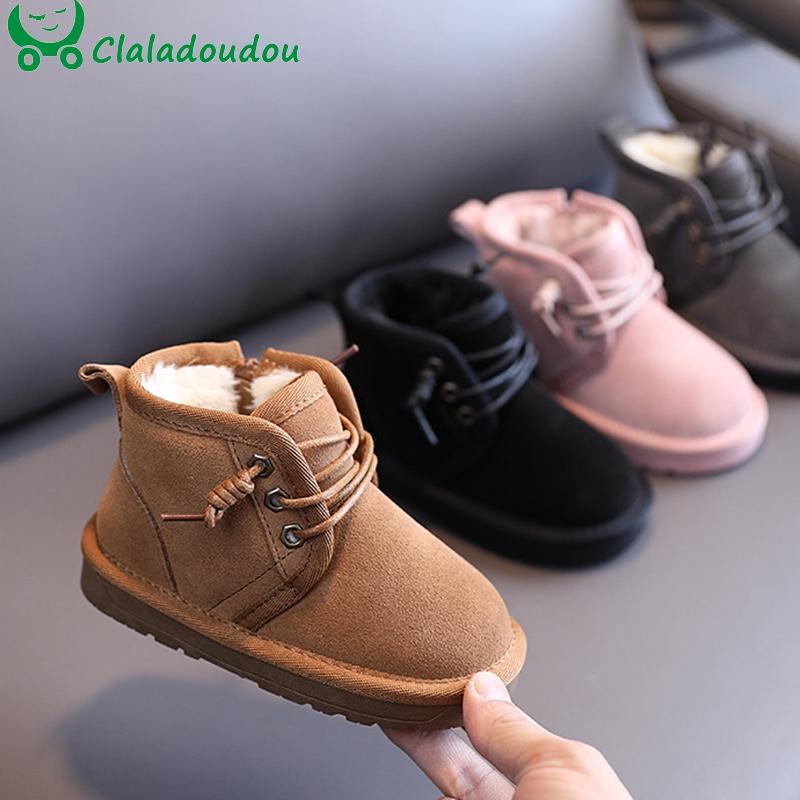 

Boots 14-19cm Genuine Leather Kids Boys Women Snow Boots,Solid Lace-up Thick Plush Ankle For Winter, Winter Children, Black;grey