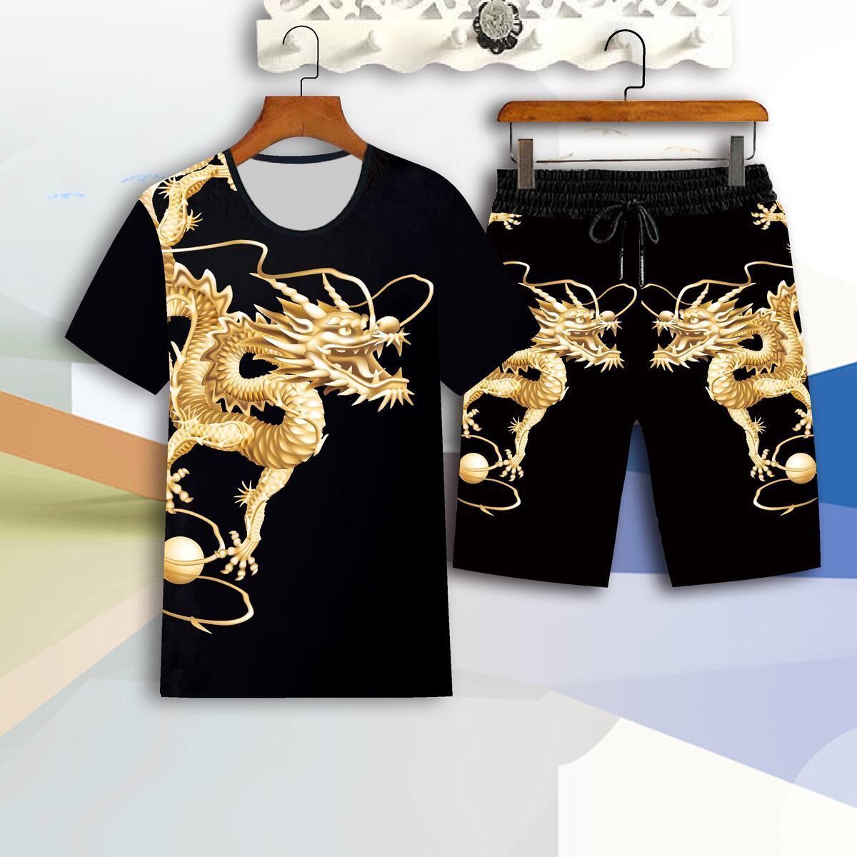 

2021 loose Suit men's short-sleeved T-shirt summer tide brand trend clothes a set of handsome summer clothes tide, Beige