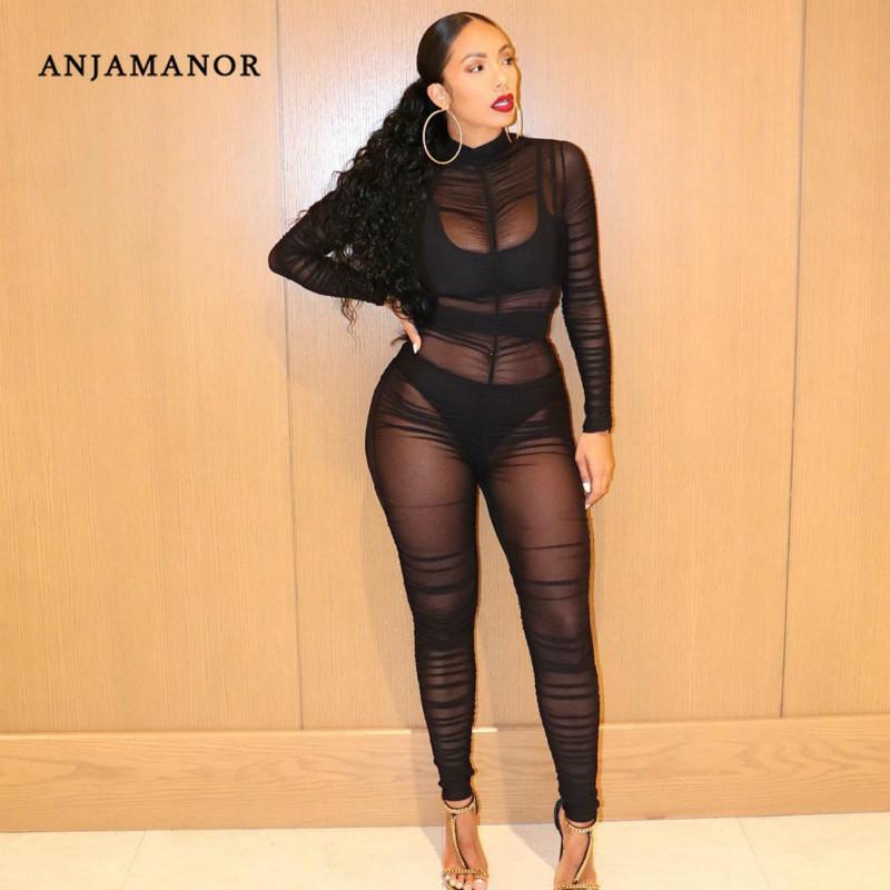 

Women' Jumpsuits & Rompers ANJAMANOR Sheer Mesh Black Sexy Clubwear Jumpsuit Ladies One Piece Outfit Ruched Long Sleeve Bodycon D52-AE35