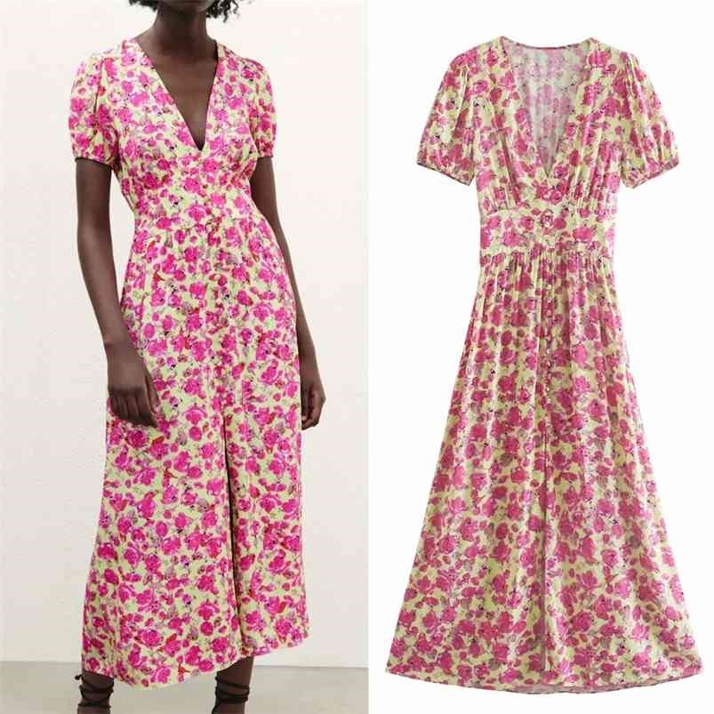 

TRAF Za Floral Long Dres Pink Midi Summer Woman Vintage Ruched Slit Short Puff Sleeve Elegant Ladies es 210701