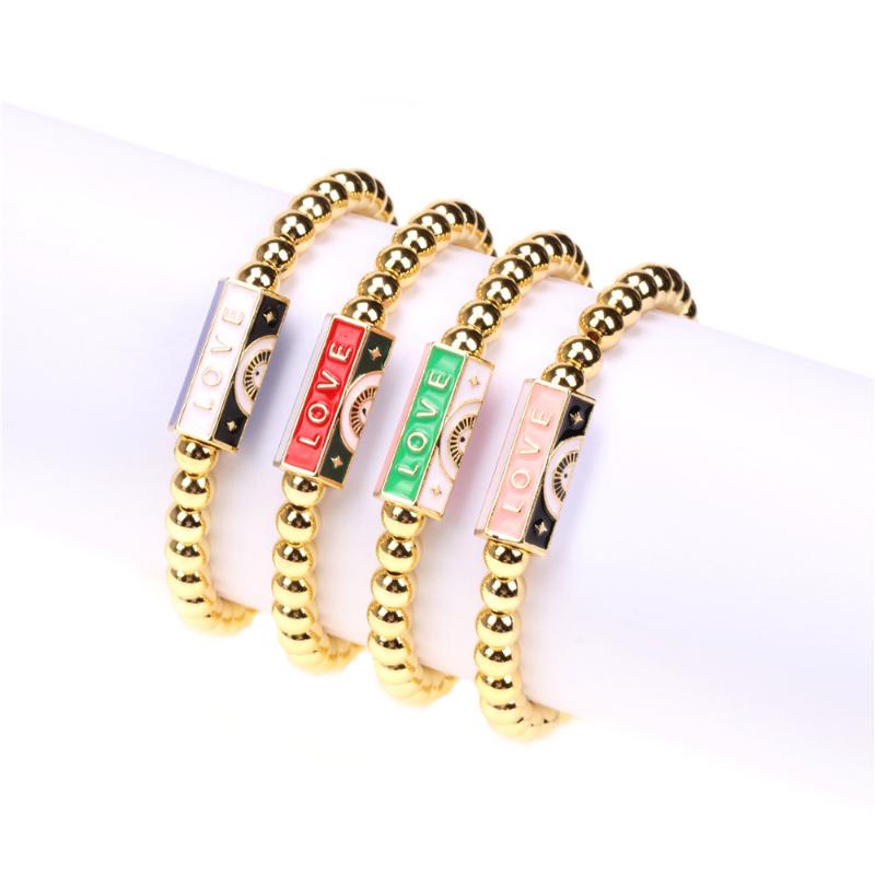 Charm Bracelets Vintage Copper Gold Plated Bead Chain Red & Green Purple Pink Enamel Geometric Bracelet Evil Eye Pendant Jewelry Gift