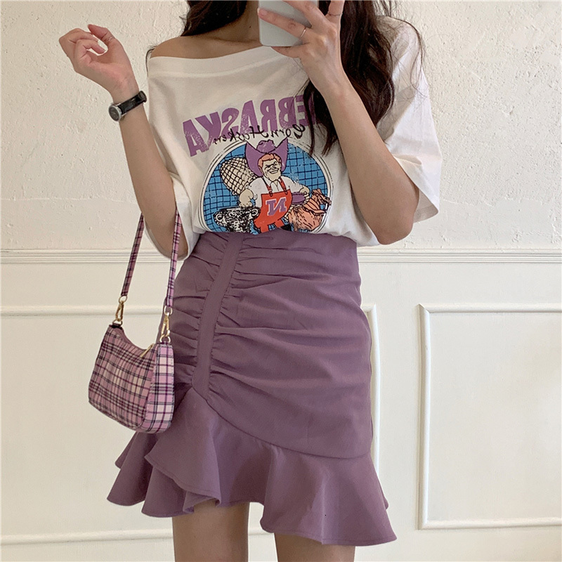 

2021 New Lilac Purple Women Summer Elegant Pleated Mermaid Skirts Mini Skirt and Top Set One Shoulder Tshirts Print t Shirt Z4dw, Pink t-shirt