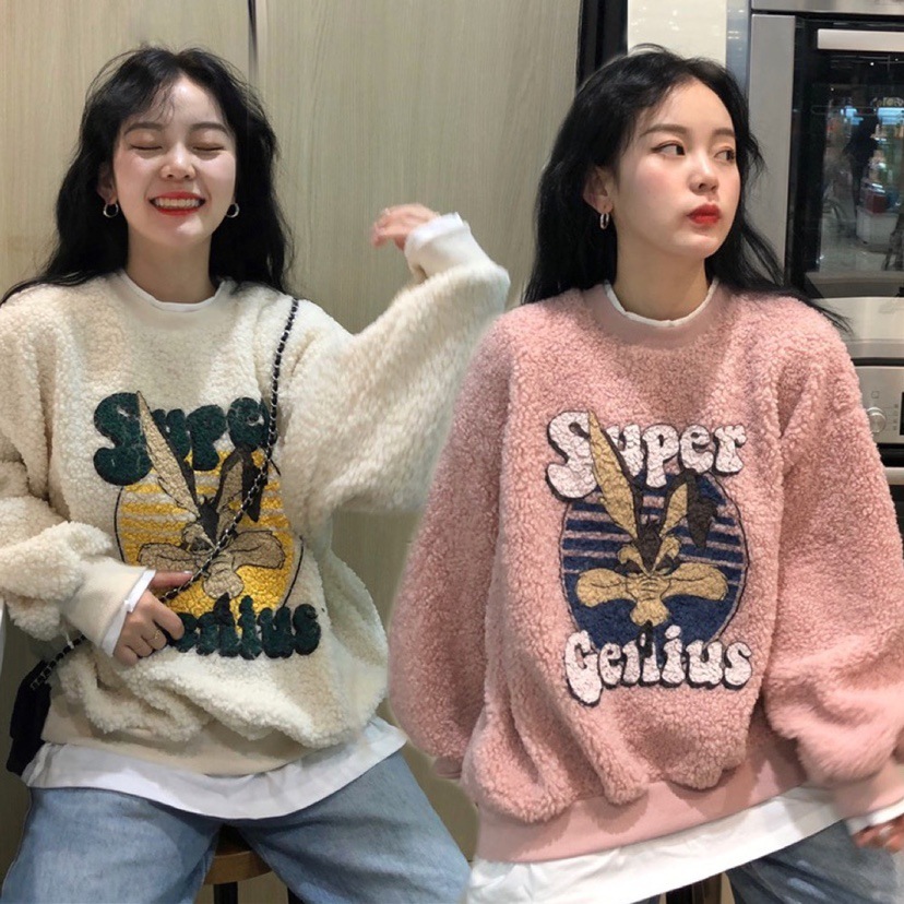 

2021 autumn and winter holiday two pieces of lamb wool loose cartoon sweater women's contrast color jacket cashmere trend, Blue;black