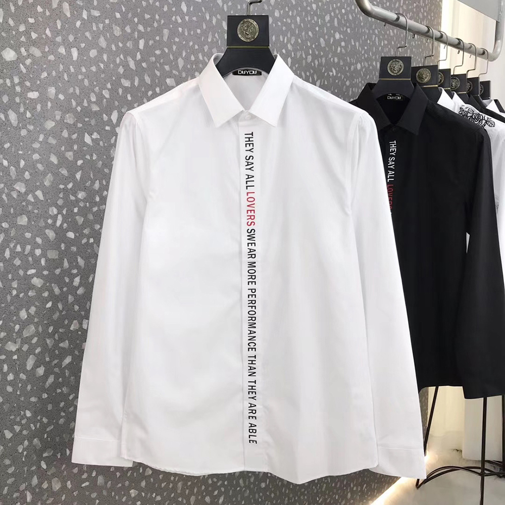 

2021 New Algodo Dos Homens Vestido Masculina Placket Ingls Carta Amantes Impresso Camisa De Alta Qualidade Magro Ajuste Slrl, Black