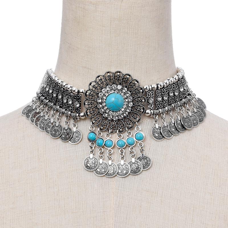 

Chokers Statement Vintage Choker Necklace Women Collares Flower Crystal Rhinestone Blue Beaded Coin Tassel Ethnic Gypsy Jewelry, Golden;silver