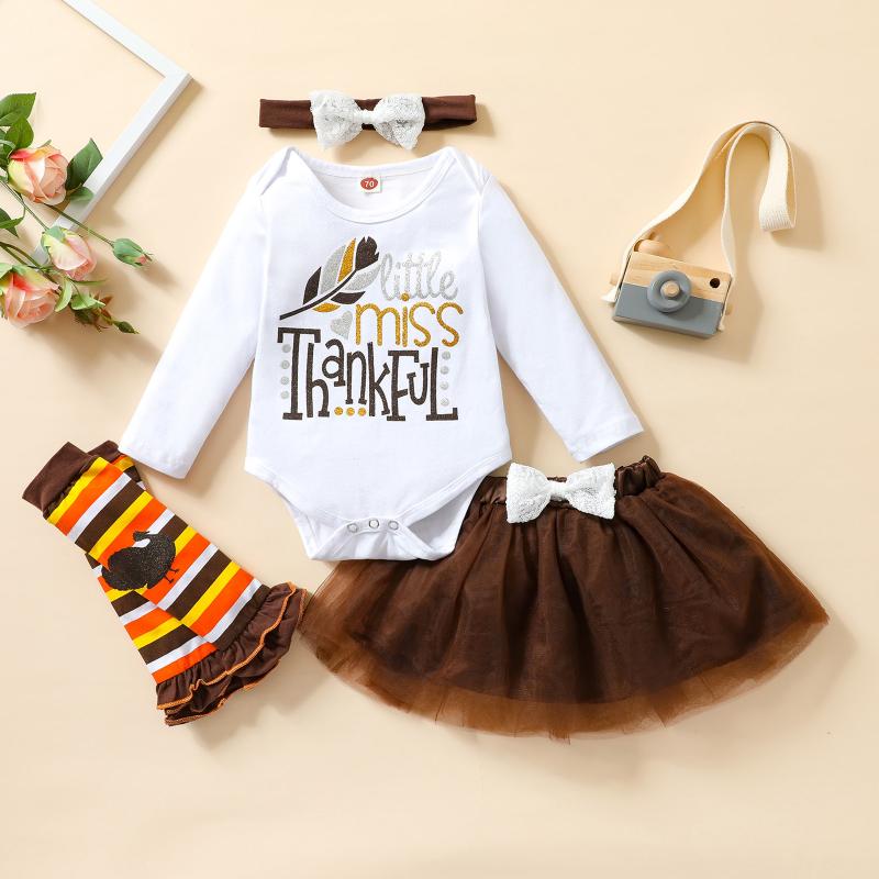 

Clothing Sets Thanksgiving Baby Girls Clothes Born Infant 4Pcs Set Letter Romper Tulle Skirt Headband Leg Warmer Outfits, White