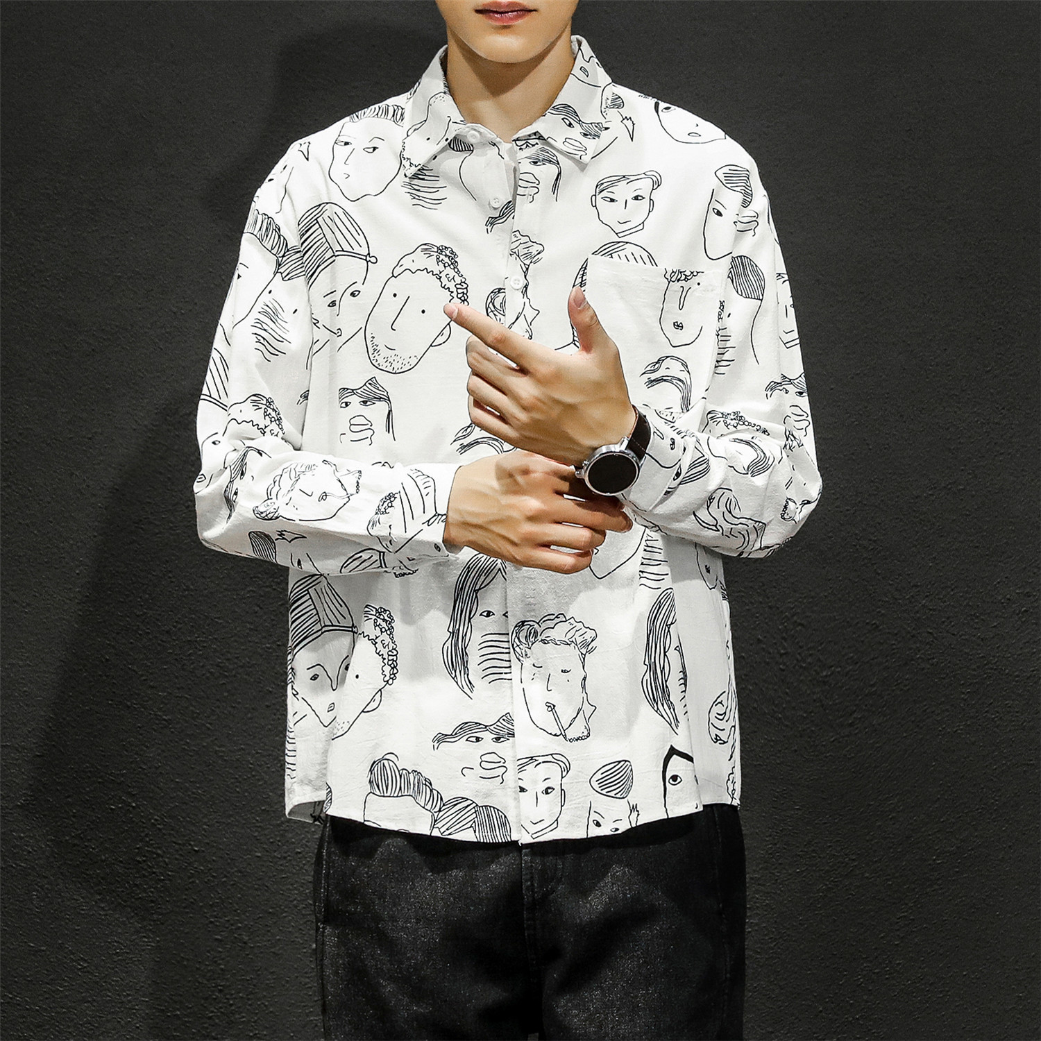 

2021 New Korean Style Men's Clothing Cartoon Printing Long Sleeves Hawaiian Coats French Cuff Black/grey/white Shirts Big Size -5xl L46q