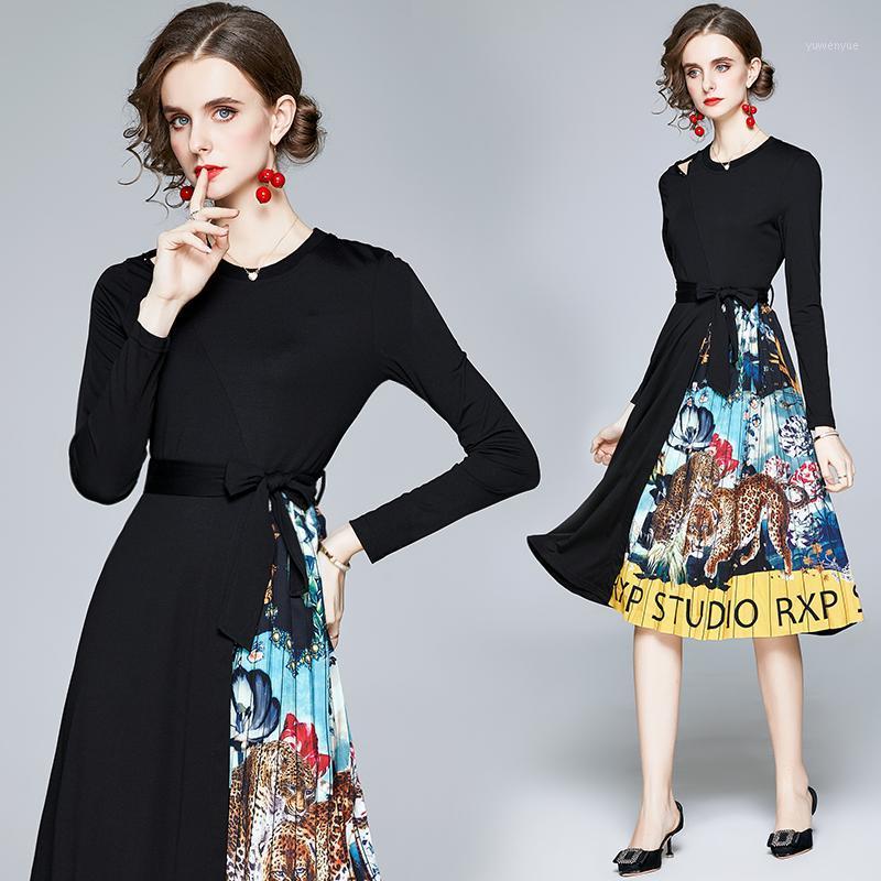 

Casual Dresses Elegant Vintage Women Print Patchwork Slim Tunic Pleated Dress Office Lady Long Sleeve Party Clothing, Design and color