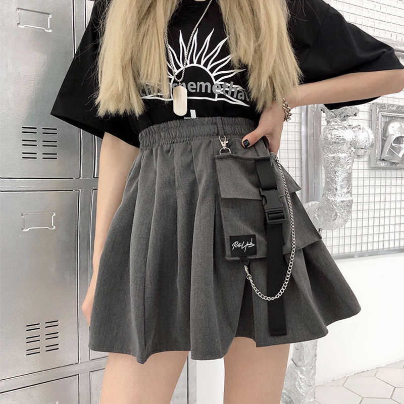 

Summer Military fashion casual skirts hip hop A-Line big size Harajuku cool female Ulzzang empire skirt 210608, Black