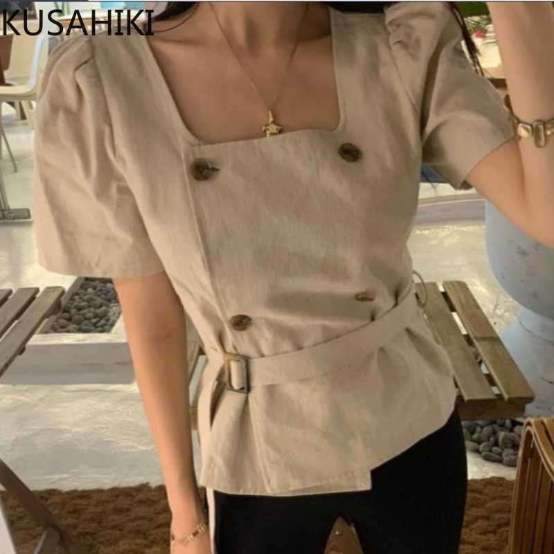 

Korean Double Breasted Women Blouse Elegant Belt Slim Waist Tops Square Collar Puff Sleeve Short Blusas Shirt 6G393 210603, Khaki