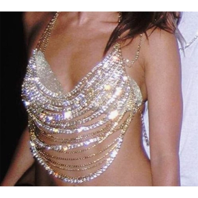 

NEW Bohemian Beach Sexy Chest Chain for Women Full Rhinestone Cross Chest Chain Shining Crystal Bra Body Necklace Choker Jewelry T200508, Silver