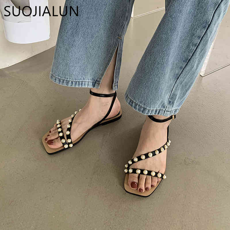 

SUOJIALUN New Summer Women Sandals Fashion String Bead Narrow Band Vintage Square Toe Flat Heel Buckle Strap Sandals Casual Muje K78, Black
