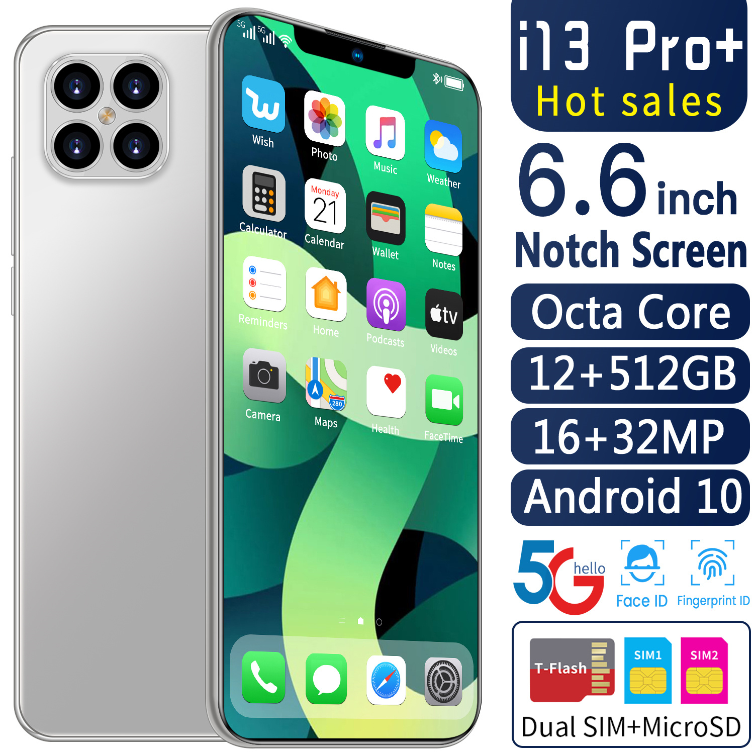 

Global Version I13 Pro+ 6.6Cellphone 4800mAh 12+512GB 16+32MP HD Big Screen Support Face\Fingerprint ID 5G Android10 Smartphone