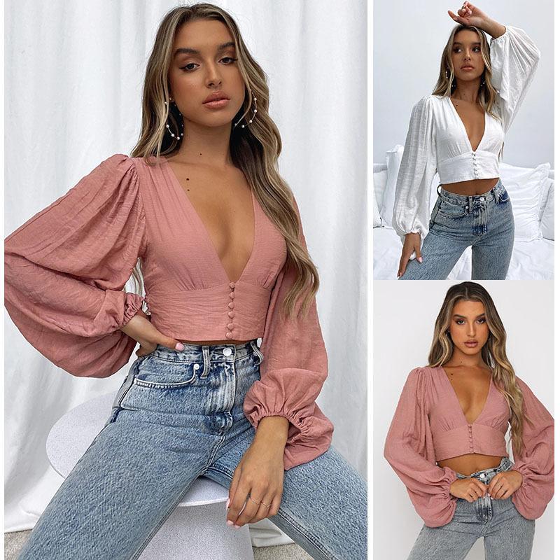 

Women' Blouses & Shirts Lazada Spring / Summer 2021 Trade Deep V-neck Lantern Sleeve Top, White