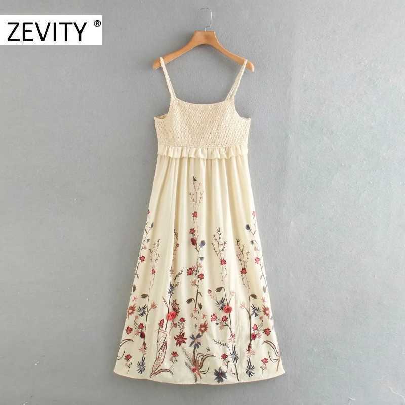 

Zevity women vintage flower embroidery elastic ruffles sling midi dress chic female crochet patchwork casual slim dresses DS4389 210603, As pic ds4389cc