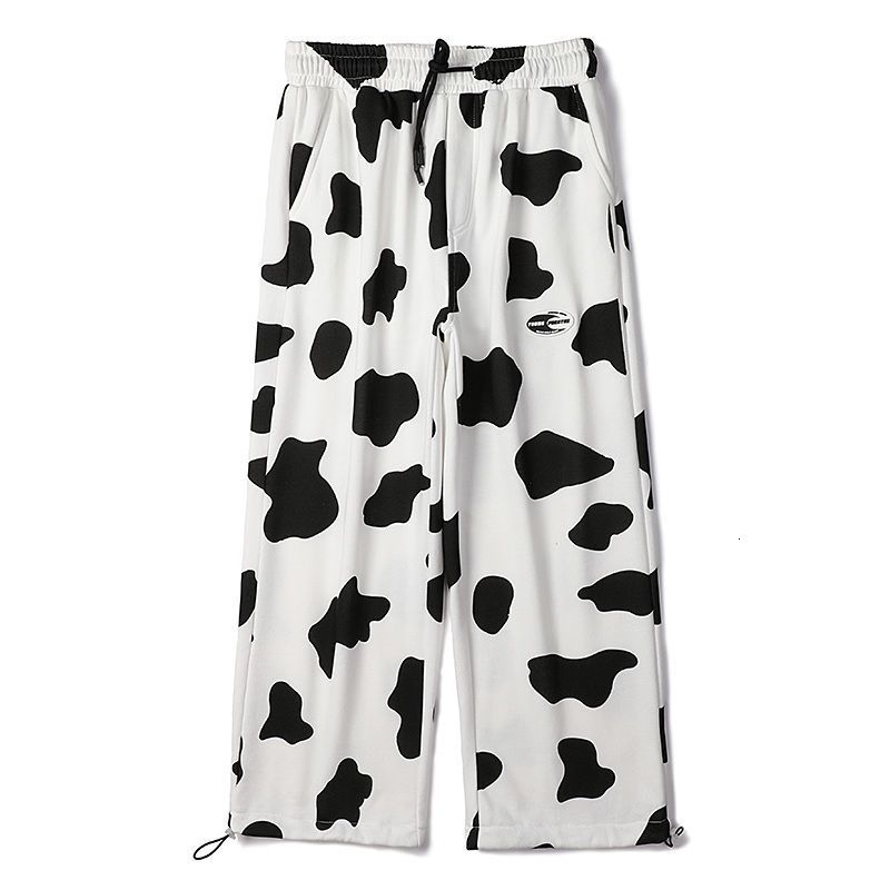 

2021 New Korean-style Cow Print Pants Wide-legged Harajuku Jogger Loose Sweatpants Streetwear Clothes Bpwd, White