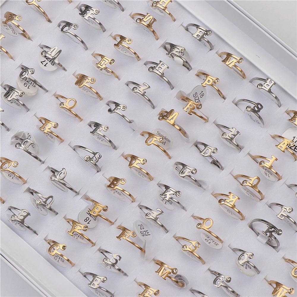 

Fashion Stainless Steel Crystal Silver Gold Color Letter Rings A-Z For Women Men Wedding Jewelry Party Gifts Mix Style
