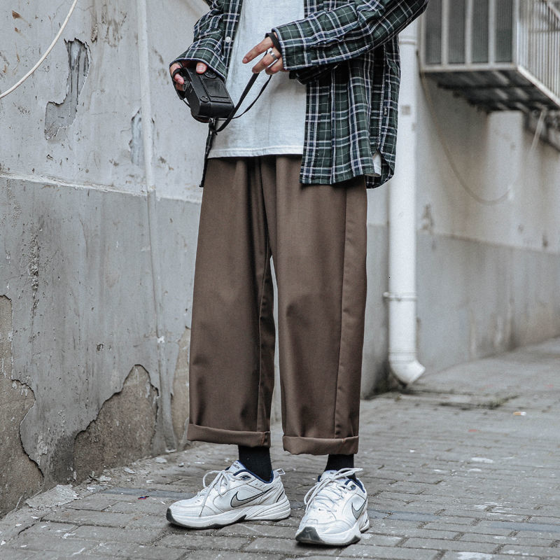 

2021 New Spring Wide-leg Men's Fashion Retro Casual Men Streetwear Hip-hop Straight-leg Pants Mens Trousers 0a05, Black