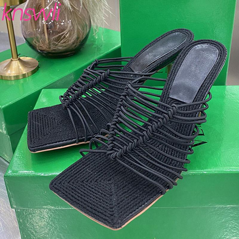 

Designer Strappy Mules Women Hand Crochet High Heels Slippers Woman Stretch Band Hollow Outs Braid Party Shoes Women Sandals, Black