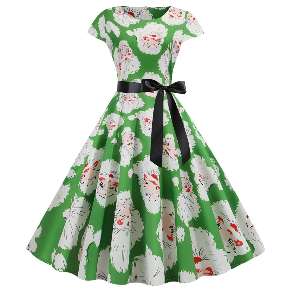 

Christmas costume Women Short Sleeve print Elegant Vintage Xmas Party Dresses Robe Femme Casual skirt with Belt, 04