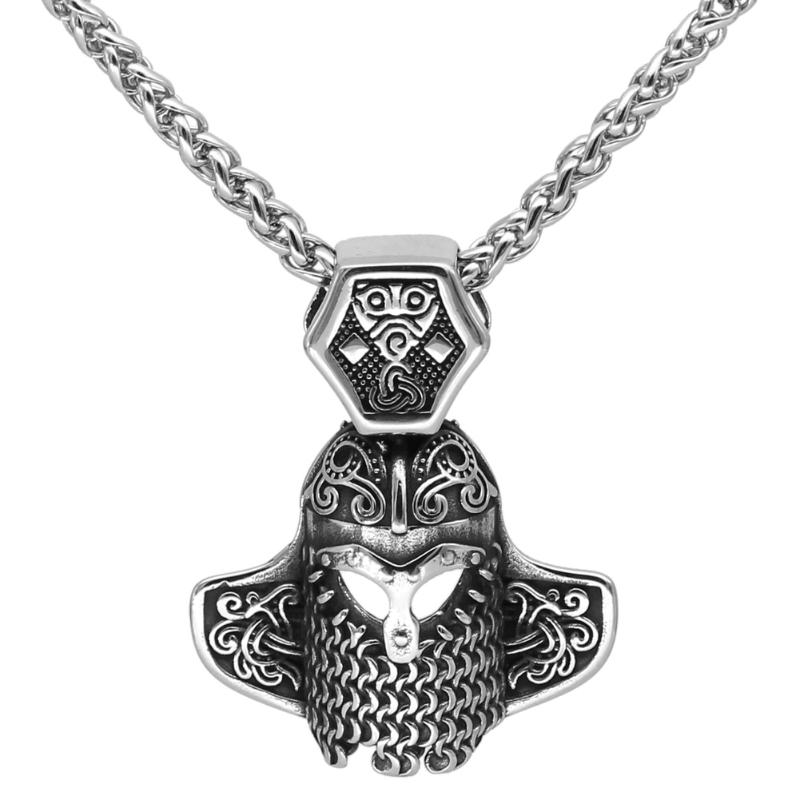 

Chains Men Nordic Viking Mask Odin Necklace Stainless Steel Jewelry With Vlknut Gift Bag, Silver