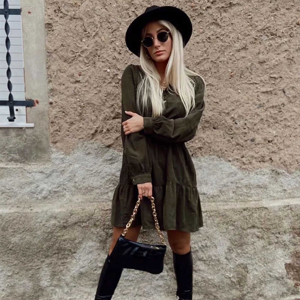 

Women Dress 100% cotton Shirt-style Long Sleeves Pleated Dress Chic Vintage Short Women Dress vestidos femme robe 210709, As picture