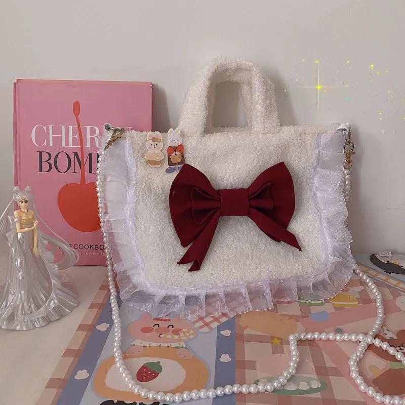 

Japanese y2k bow women shoulder bag Harajuku Kawaii plush lace ins new canvas Ulzzang pearl chain women messenger bag shpper, Canvas strap