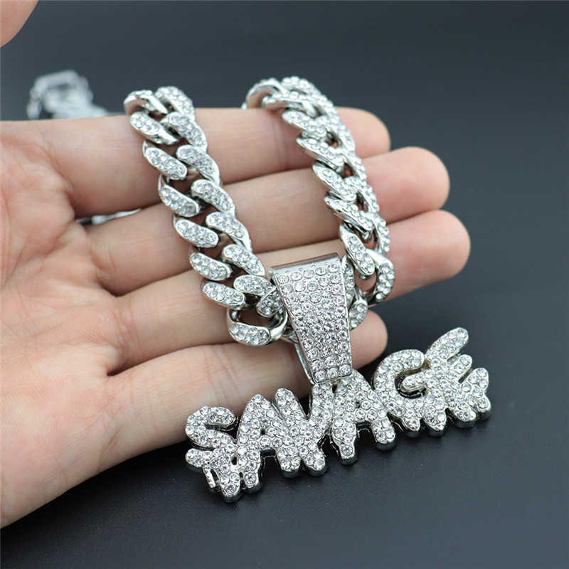 

Hip Hop SAVAGE Letter Necklace & Pendant With Iced Out Big Miami Cuban Link Chain Choker Jewelry Accessories For Men X0707